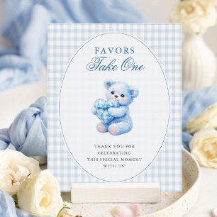 Poster Urso de Gingham Azul Churrasco de Bebê Neutro