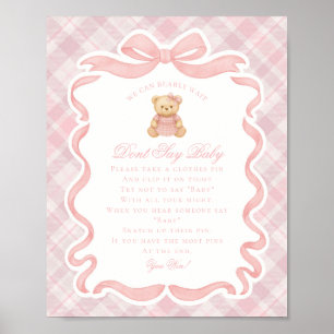Poster Urso de Laço Coquete Rosa Xadrez Tartan Não Diga B