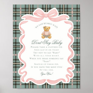 Poster Urso de Laço Coquete Rosa Xadrez Tartan Não Diga J