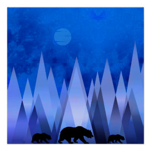PÓSTER URSO DE MONTANHAS GEOMÉTRICAS AZUIS