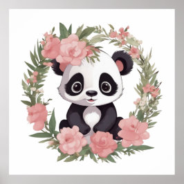 Poster Urso de Panda Adorável com Flores