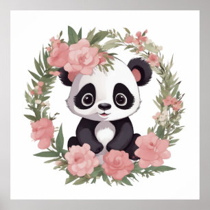 Poster Urso de Panda Adorável com Flores