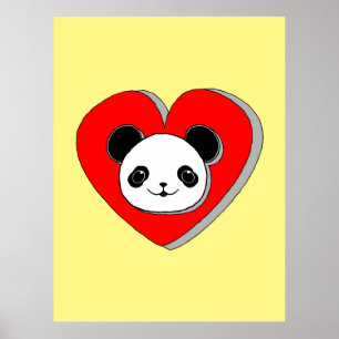 Poster Urso De Panda Bonito E Desenho De Coração Vermelho
