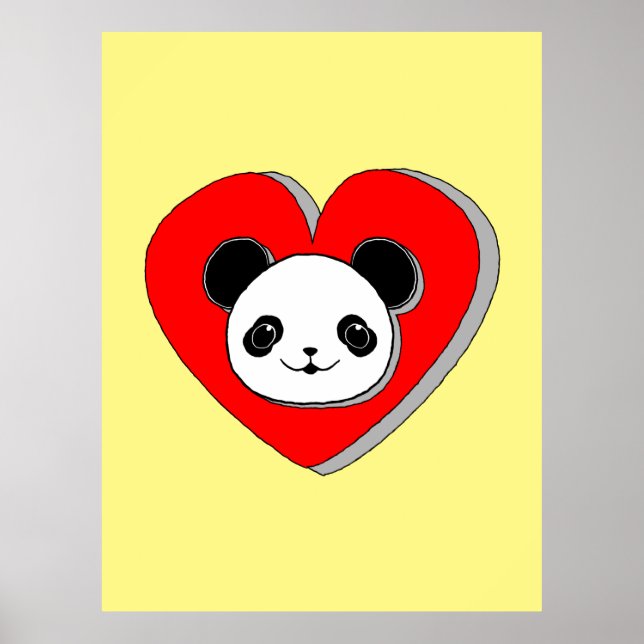 Poster Urso De Panda Bonito E Desenho De Coração Vermelho (Frente)