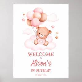 Poster Urso de peluche rosa com balões sobre nuvens, sob 