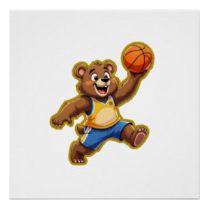 Póster Urso de pelúcia 3D fofo jogando basquete – Adoráve