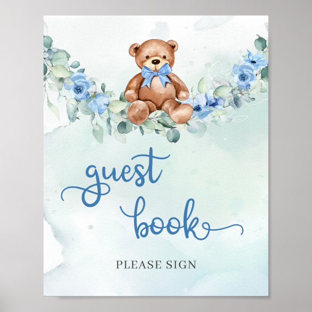 Poster Urso de pelúcia azul empoeirado com floral de euca (Frente)