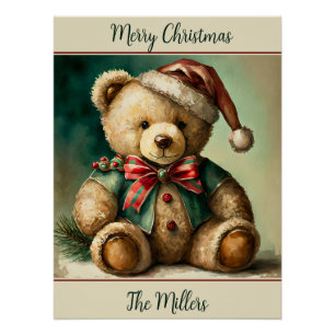 Póster Urso de pelúcia de Natal vintage personalizado