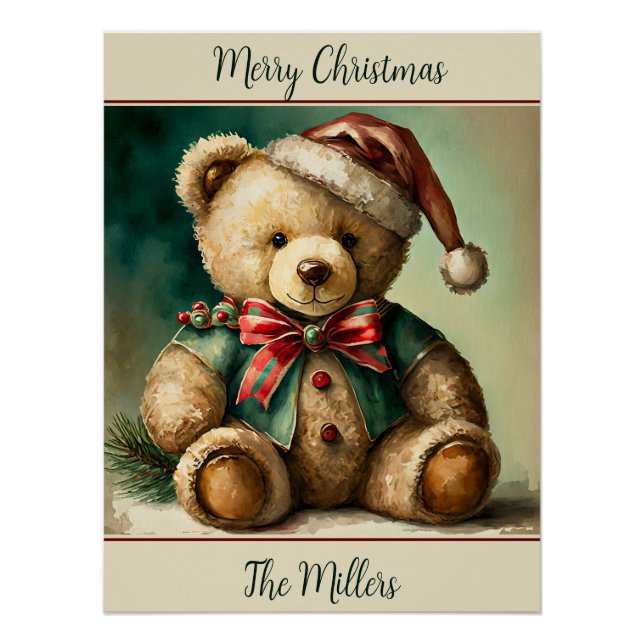 Póster Urso de pelúcia de Natal vintage personalizado (Frente)