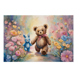 Póster Urso de pelúcia e coelho num jardim de pastel