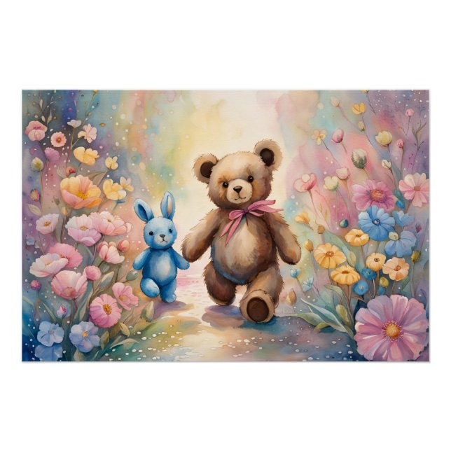 Póster Urso de pelúcia e coelho num jardim de pastel (Frente)