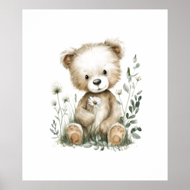 Poster Urso de pelúcia em aquarela com flores silvestres (Frente)