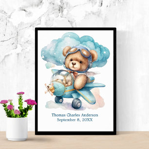Poster Urso de Pelúcia em Avião Decoração de Berçário Art