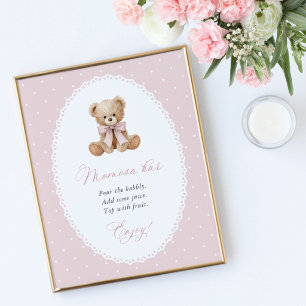 Poster Urso de Pelúcia, Laço Rosa, Bolinhas Rosa, Barra M