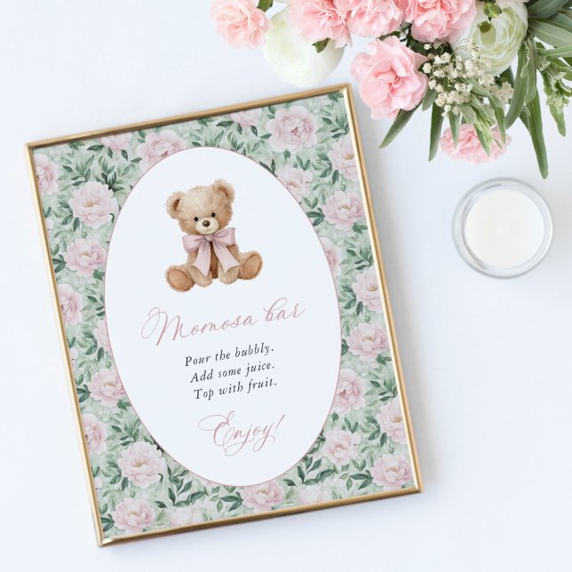 Poster Urso de Pelúcia, Laço Rosa, Flores Rosas, Barra Mo (Criador carregado)