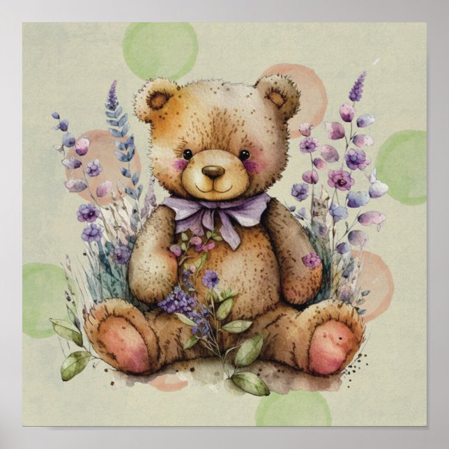 Poster Urso de pelúcia marrom com flores de lavanda e bol (Frente)