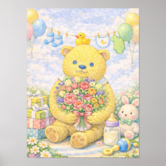 Poster Urso de Pelúcia Pastel com Flores