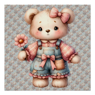 Póster Urso de Pelúcia Pastel Segurando Flor Vestindo Mac