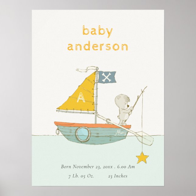 Poster Urso de Pesca Fofa Estrela Vela Barco Infantil Mon (Frente)