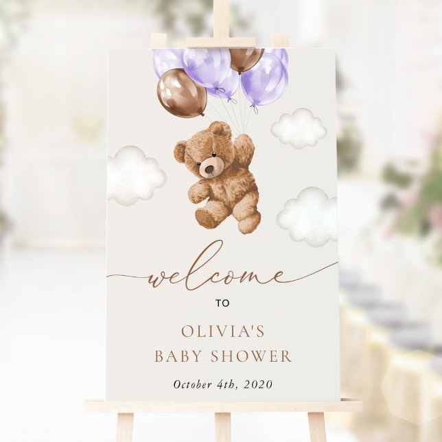 Poster Urso de Teddy, Balões Roxos, Chá de fraldas Bem-Vi (Criador carregado)