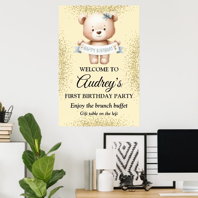 Poster Urso de Teddy Bonito com Banner Brithday (Escritório em casa)