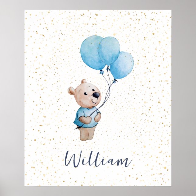 Poster Urso de Teddy com Urso de Aquarela de Balões (Frente)