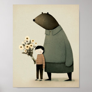 Poster Urso e menino bonitinho de desenho animado. Floral