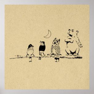 Poster Urso e Pássaros Bonitos Cantando na Arte da Lua