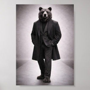 Poster Urso Elegante em Retrato de Terno Escuro Clássico