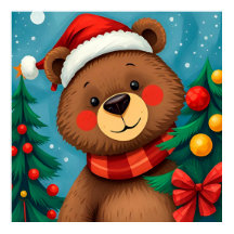 Urso em Santa Chapéu entre Árvores de Natal