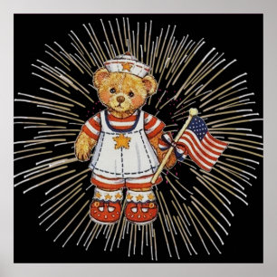Poster Urso Enfermeiro Vintage com Fogos de Artifício Bra