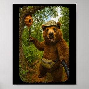 Poster Urso engraçado feminino selfie perto de colmeia de