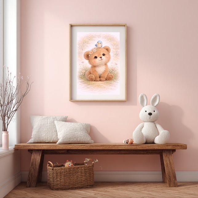 Poster Urso Fofo Com Passarinho Quarto Infantil Neutro (Criador carregado)