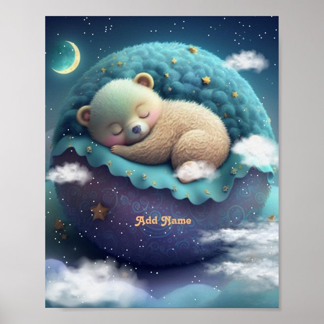Poster Urso Fofo Dormindo Almofada Azul Estrelas Lua Berç (Frente)