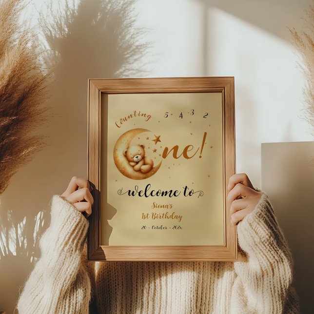 Poster Urso Fofo Dormindo Na Lua 1º Aniversário Boas-Vind (Criador carregado)