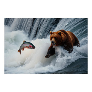 Póster Urso Grizzly Captando Salmão