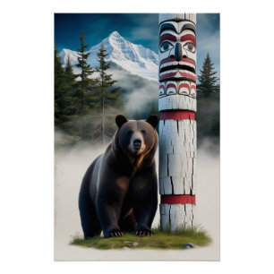 Póster Urso Grizzly com Arte de Vida Selvagem Totem Pole