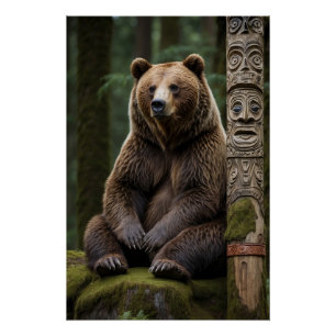 Póster Urso Grizzly e Arte da Vida Selvagem Totem Polos
