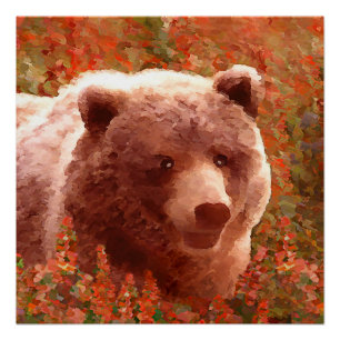 Póster Urso Grizzly na Pintura de Arte Selvagem com Algas