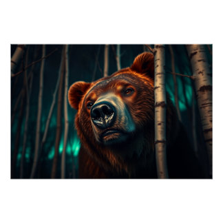 Póster Urso Grizzly, Pássaros e Arte Aurora