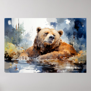 Poster Urso Grizzly Relaxando A Diversão Animal Feliz