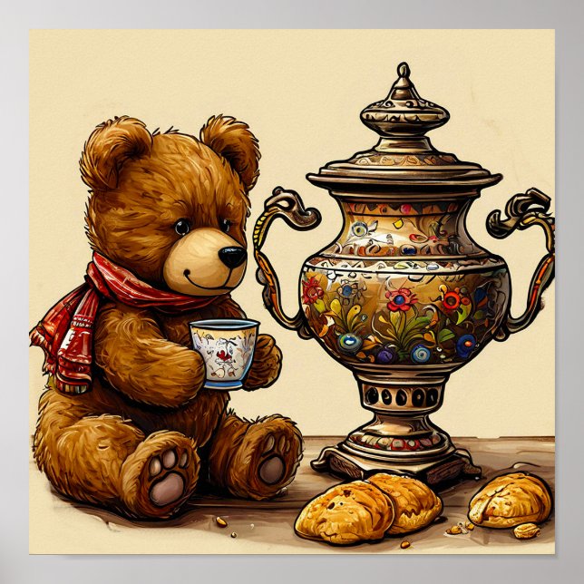Poster Urso Kawaii Bebendo Chá Decoração Caprichosa para  (Frente)