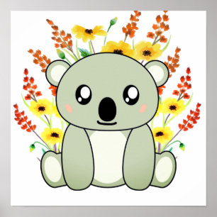 Poster Urso Koala Bonito com Flores