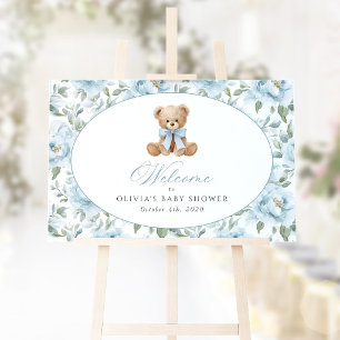 Poster Urso, Laço Azul, Flores Azuis, Boas-vindas no Chá