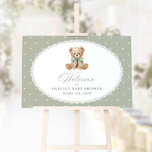 Poster Urso, Laço, Bolinhas Verdes, Boas-Vindas no Chá de