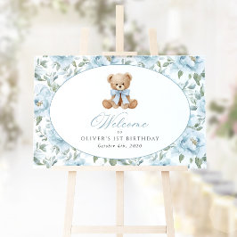 Poster Urso, Laço, Flores Azuis, Bem-vindo ao Primeiro An