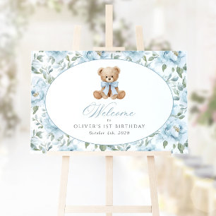 Poster Urso, Laço, Flores Azuis, Bem-vindo ao Primeiro An