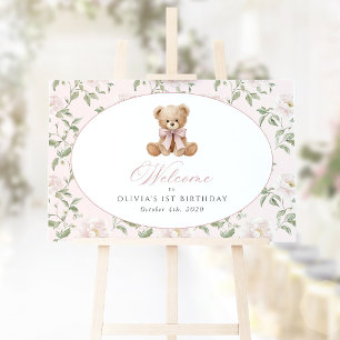 Poster Urso, Laço, Flores Rosas, Bem-vindo ao Primeiro An