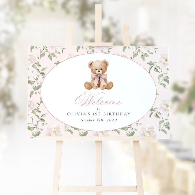 Poster Urso, Laço, Flores Rosas, Bem-vindo ao Primeiro An (Criador carregado)