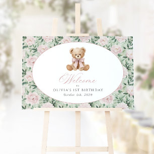 Poster Urso, Laço, Flores Rosas, Bem-vindo ao Primeiro An